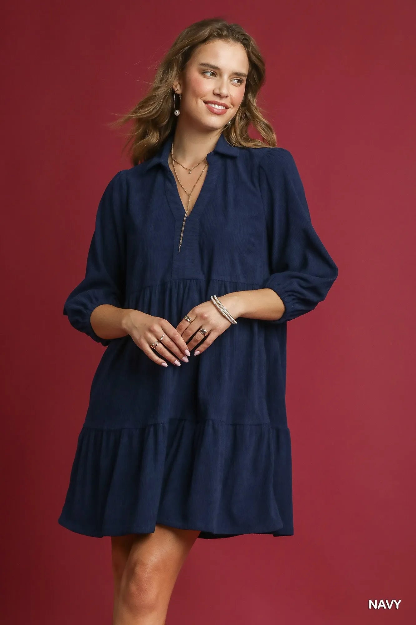 Tiered Corduroy Mini Dress – Balloon Sleeve Vintage-Inspired Style