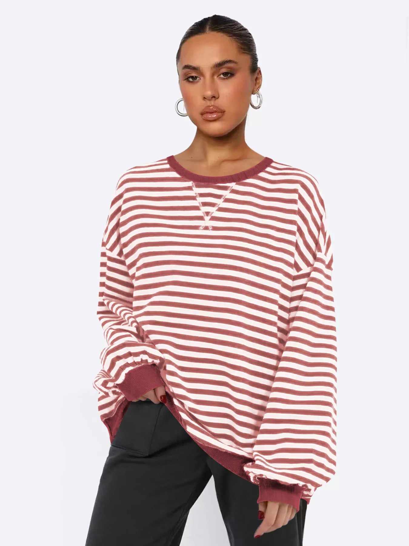 Striped Round Neck Long Sleeve Sweatshirt – Casual Everyday Style
