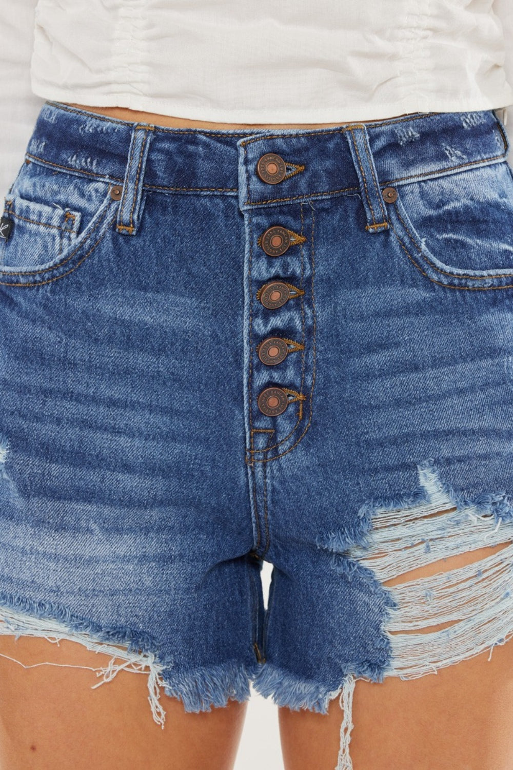 KanCan Distressed Button-Fly High Waist Denim Shorts