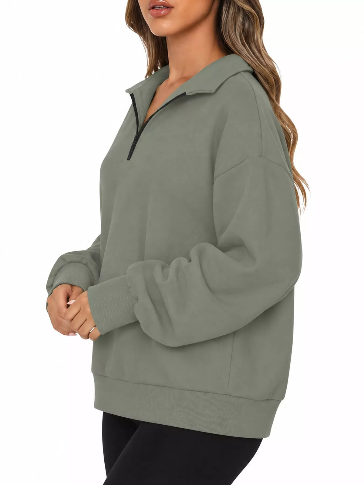 Oversized zip-neck sweatshirt, olive-gray with half-zip collar and relaxed sleeves