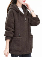 Dark brown fleece zip-up hoodie with hood, front zipper, and side pockets