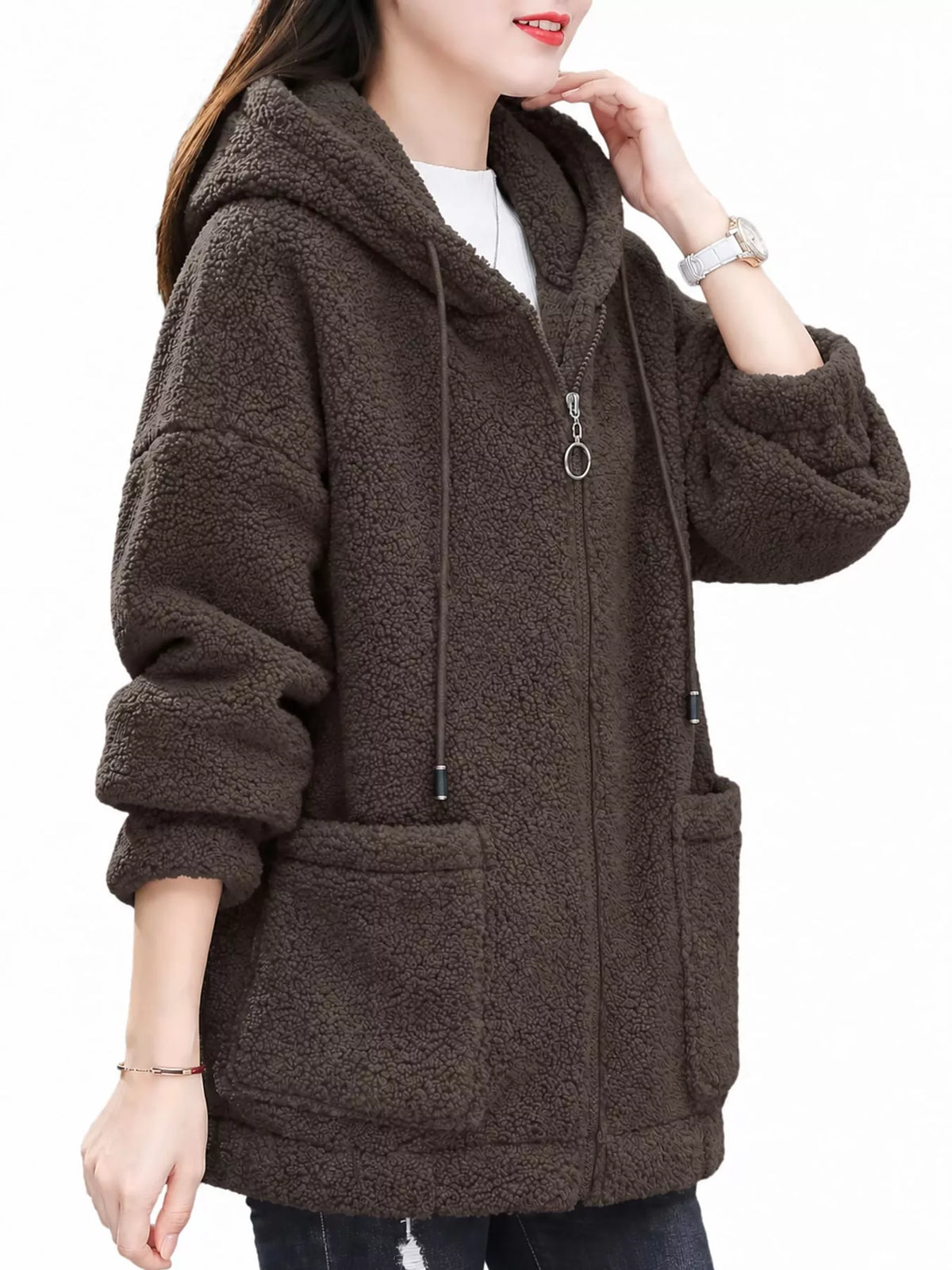 Dark brown fleece zip-up hoodie with hood, front zipper, and side pockets