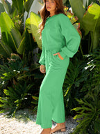 Puff Sleeve Crop Top & Drawstring Wide Leg Pants Set – Chic & Comfy