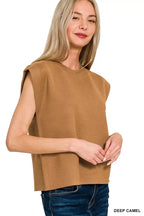 Women’s deep camel round-neck viscose sweater vest, sleeveless with straight hem