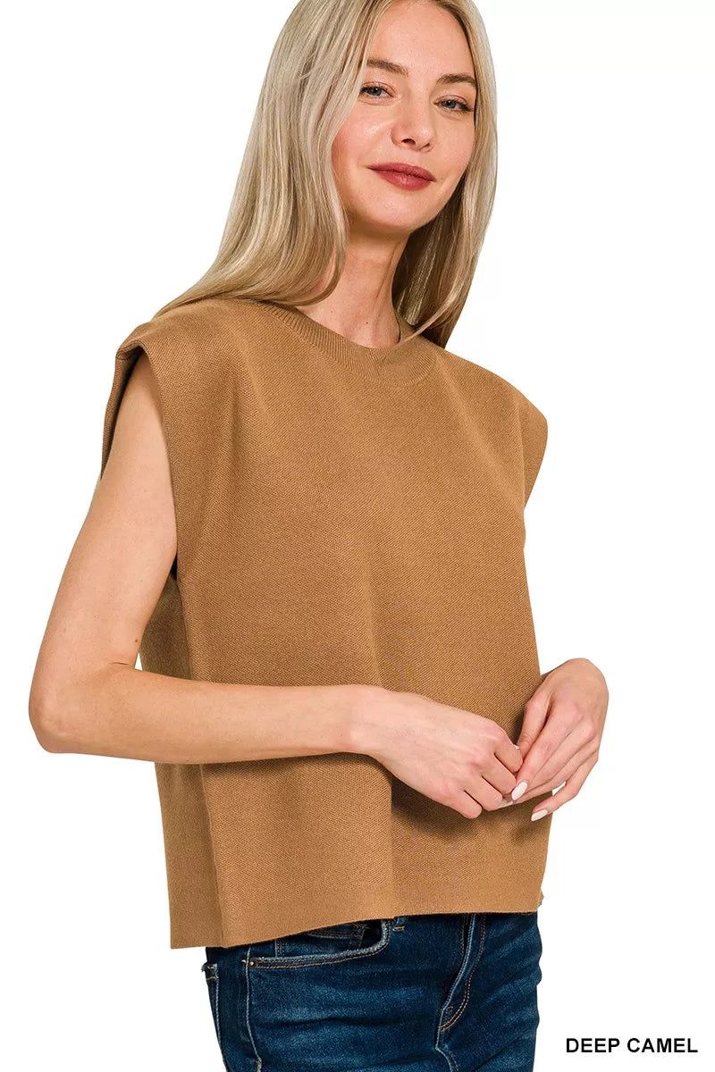 Women’s deep camel round-neck viscose sweater vest, sleeveless with straight hem