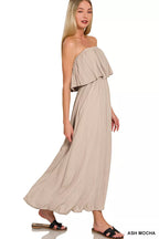 Strapless ash mocha crinkle maxi dress with ruffled tiered bodice and gathered waist, side view