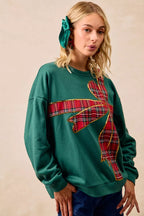 BiBi Plaid Ribbon Bow Christmas Fleece Pullover – Festive Cozy Holiday Top