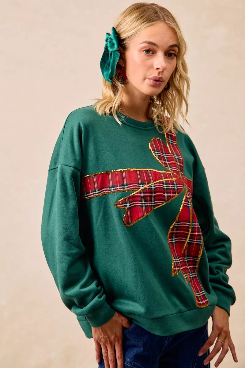 BiBi Plaid Ribbon Bow Christmas Fleece Pullover – Festive Cozy Holiday Top