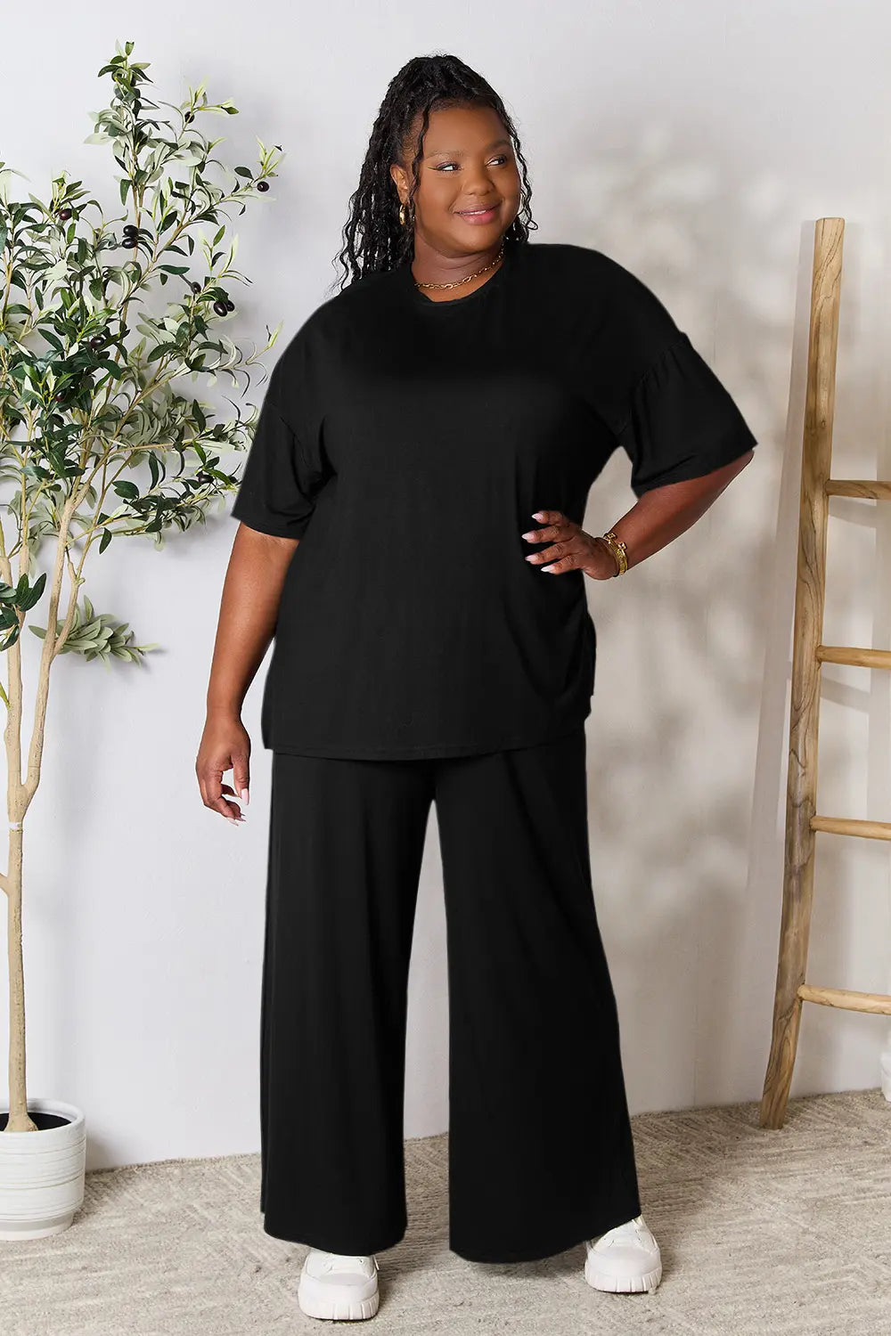 Chic Round Neck Slit Top & Pants Set – Stylish, Comfy & Versatile