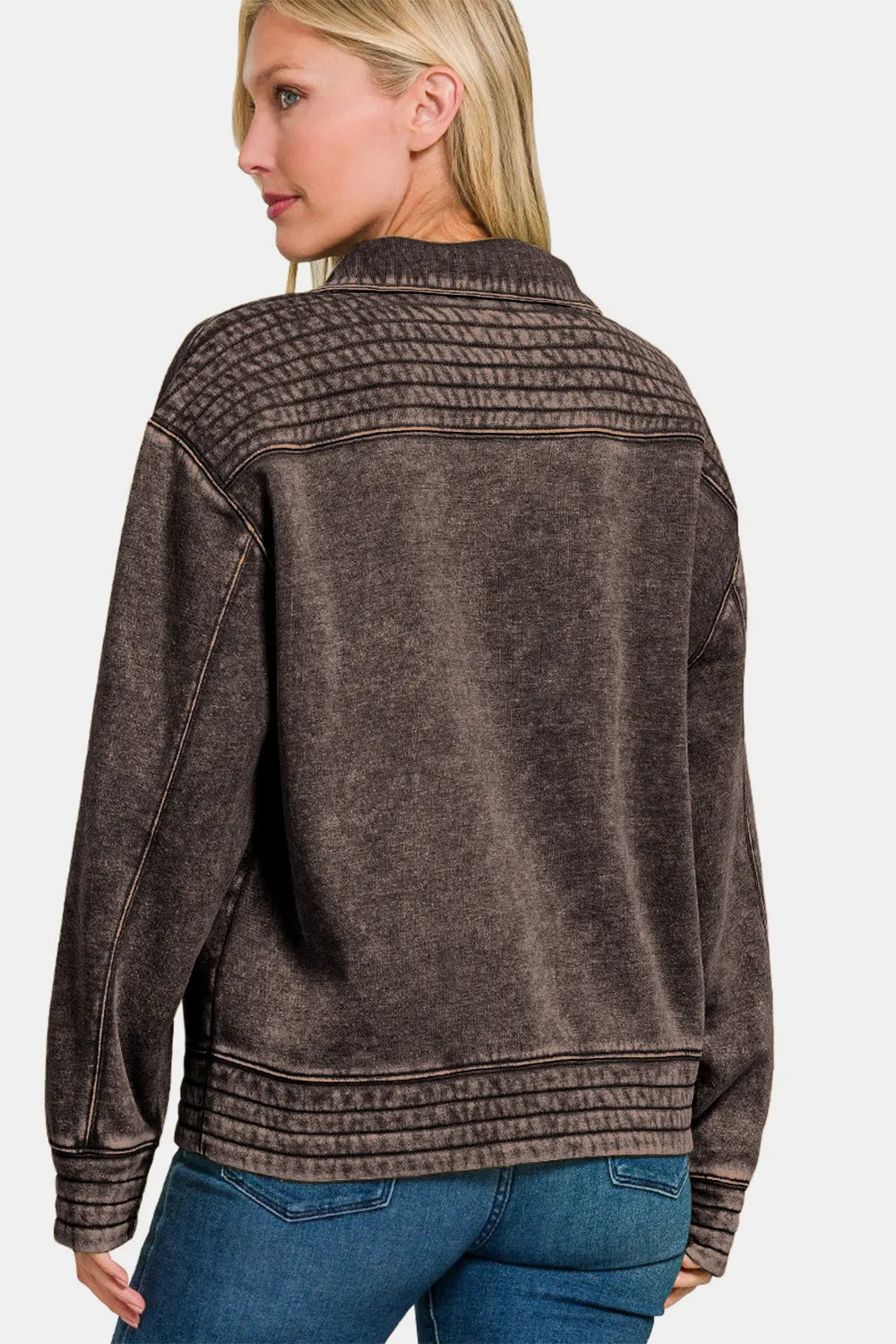 Acid Washed Half Snap Fleece Sweatshirt – Trendy Women’s Casual Pullover