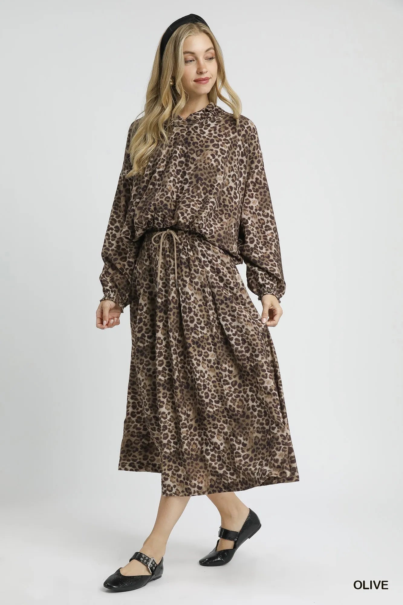 Leopard Print Midi Skirt – A-Line Fit with Elastic Waist & Drawstring