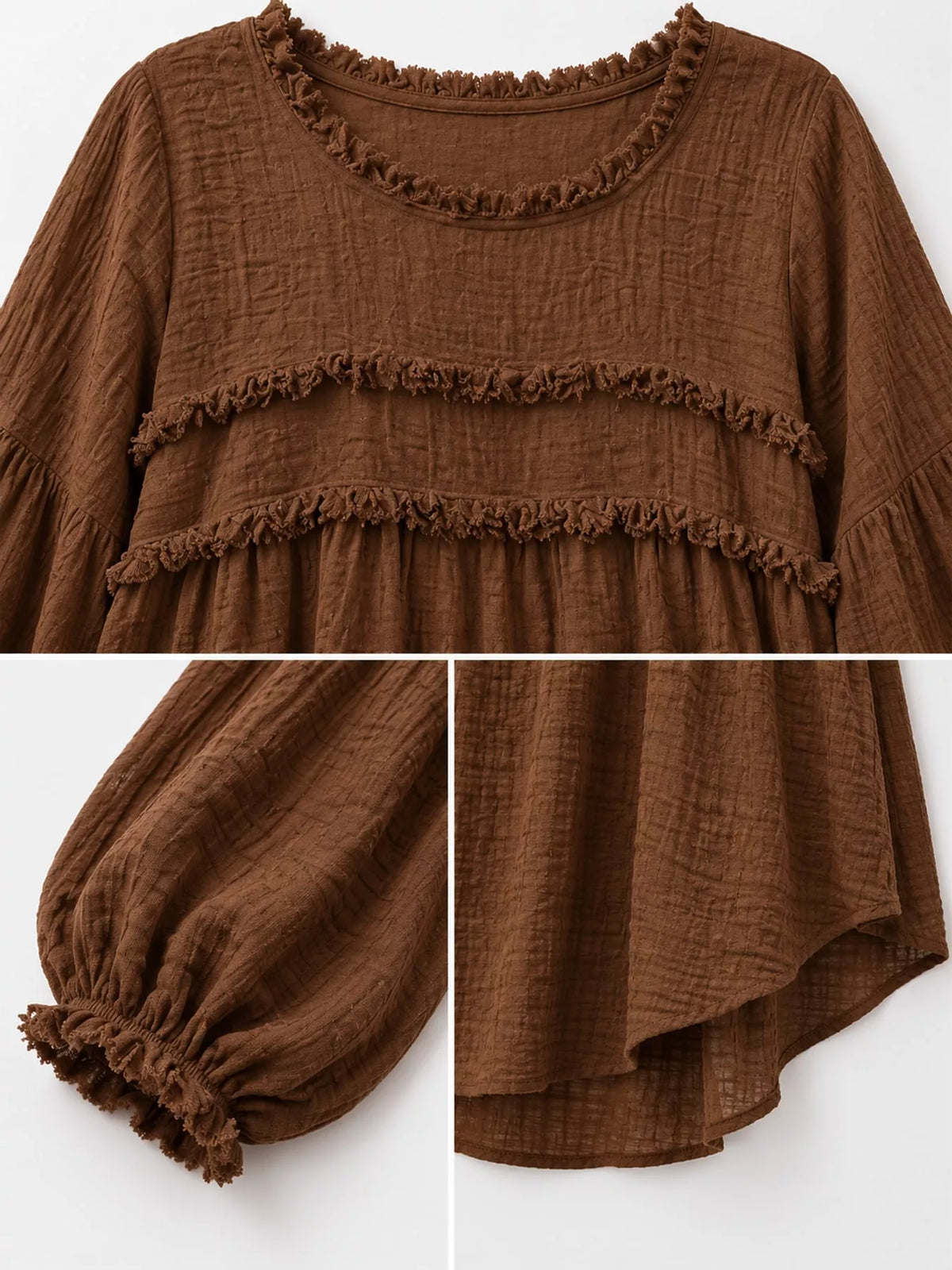 Brown blouse close-up: frayed tiered ruffle trim and elastic puff sleeves