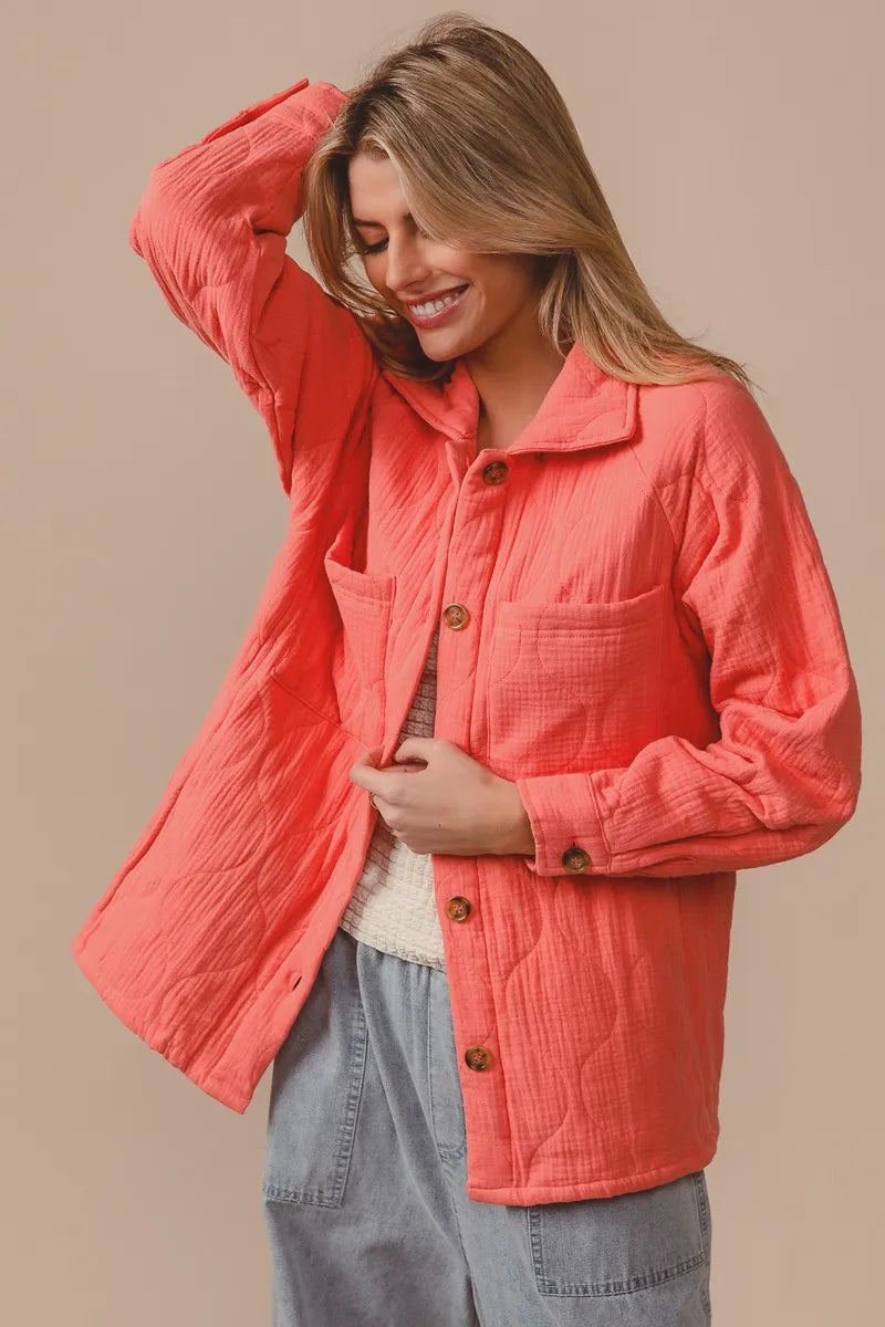 Quilted Wrinkle Gauze Long Sleeve Shacket – Lightweight Layering Top