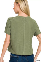 Light olive slub short-sleeve crew neck tee, plain back with seam detail