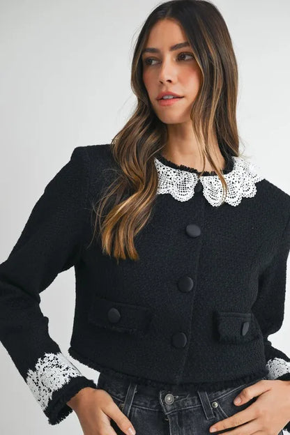 MABLE Lace Trim Collar Tweed Crop Jacket