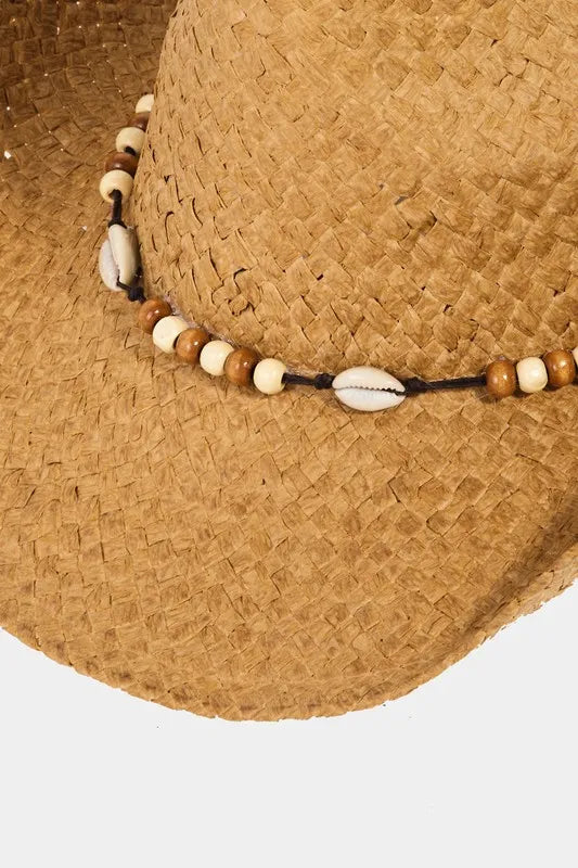 Beaded Cowrie Shell Straw Weave Cowboy Hat – Boho Western Style