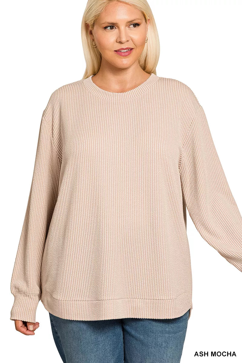 Raised Rib Round Neck Long Sleeve Top | Classic Women’s Versatile Shirt