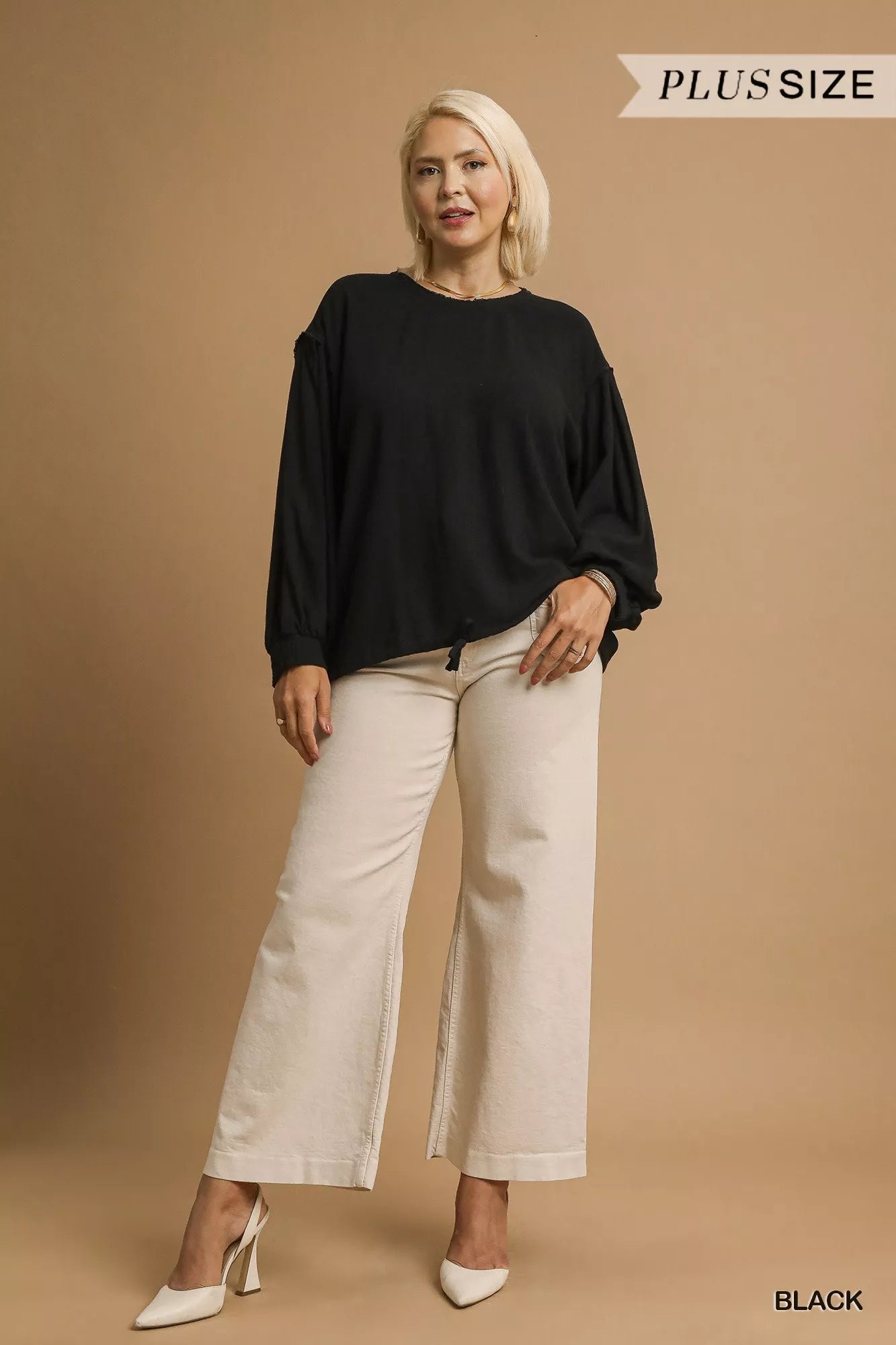 Linen Long Sleeve Top with Drawstring Detail Plus Women’s Versatile Shirt