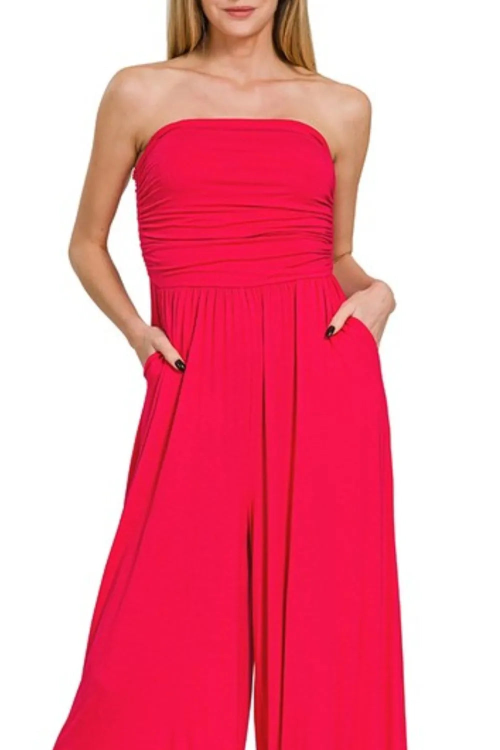 Vibrant Red Strapless Culotte Jumpsuit Ruched Bodice & Pockets