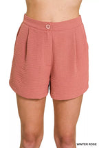 Women’s woven shorts, winter rose, elastic waist with front button and side pockets