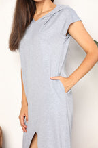 Solid Hooded Dress – Short Sleeves, Front Slit & Pockets
