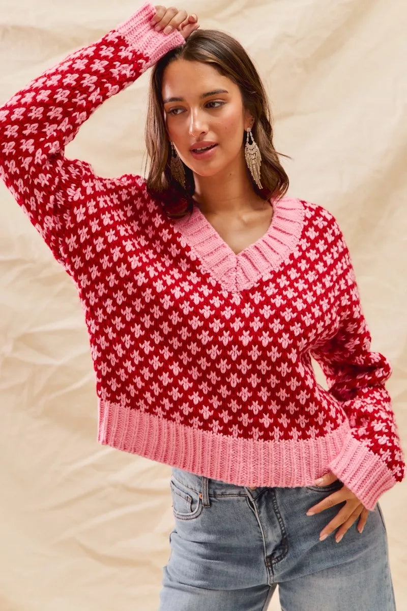 Color Block Textured Christmas Sweater V-Neck