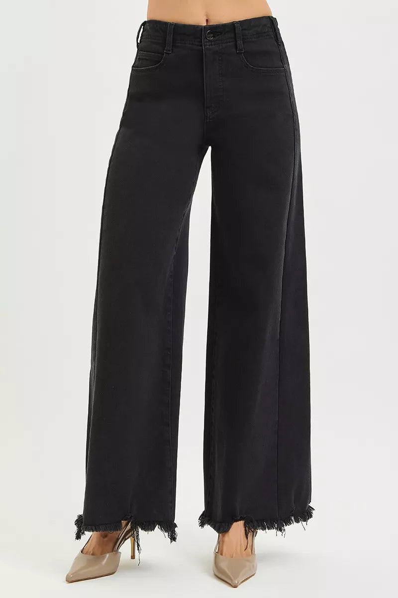 Black high-rise wide-leg jeans with frayed cuffs and button-front waistband