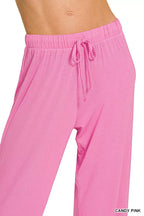Candy pink lounge pants with drawstring waist and elastic waistband