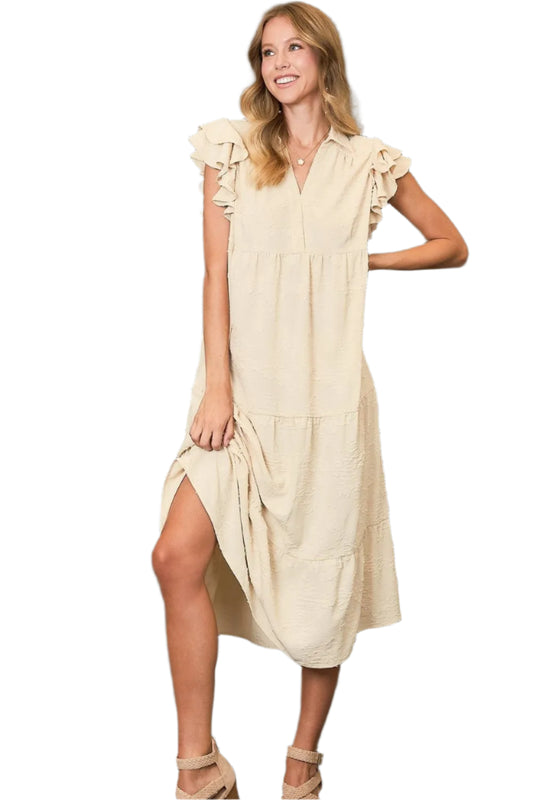Umgee Tiered Floral Burnout Ruffle Sleeve Midi Dress