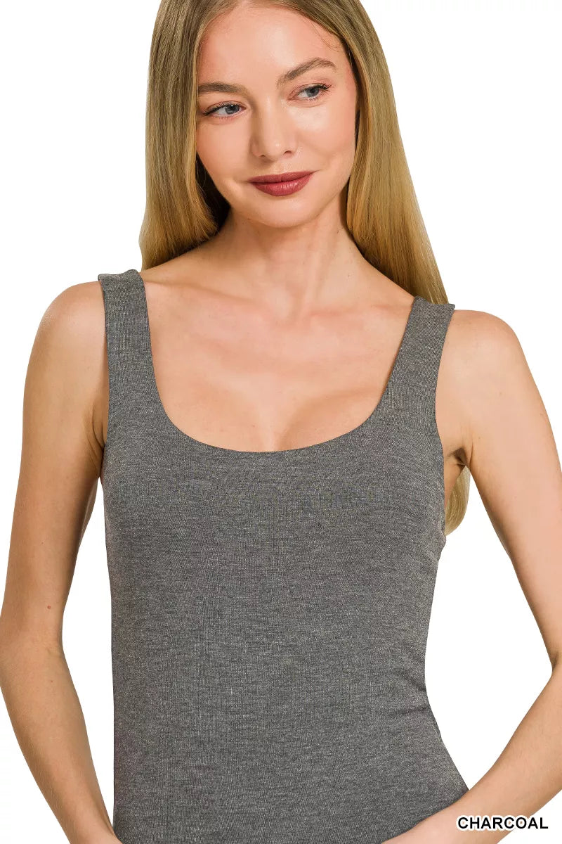 Charcoal layering tank top with wide straps and scoop neckline, straight hem
