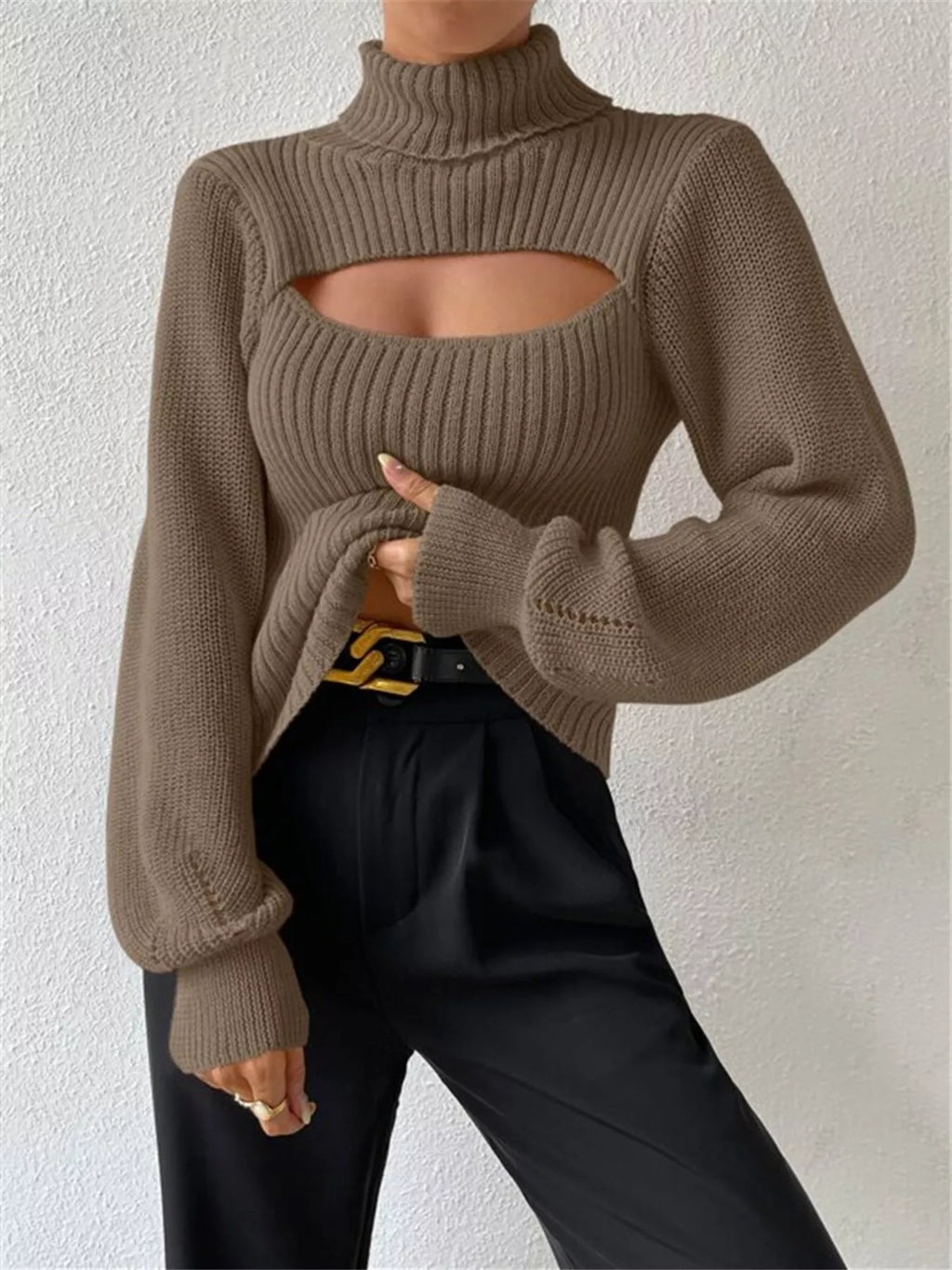 Cutout Front Turtleneck Long Sleeve Sweater – Chic Modern Knit