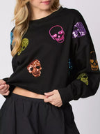 Sequin Skull Long Sleeve Sweatshirt – Edgy Casual Halloween Style