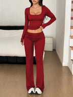 Long Sleeve Crop Top & Bootcut Pants Set – Trendy Two-Piece Outfit