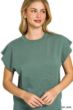 Jade green ribbed round-neck short-sleeve sweater top, front view