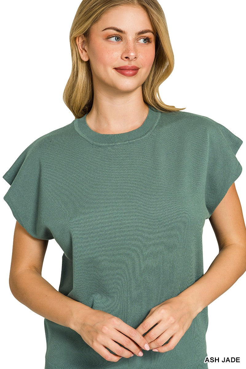 Jade green ribbed round-neck short-sleeve sweater top, front view