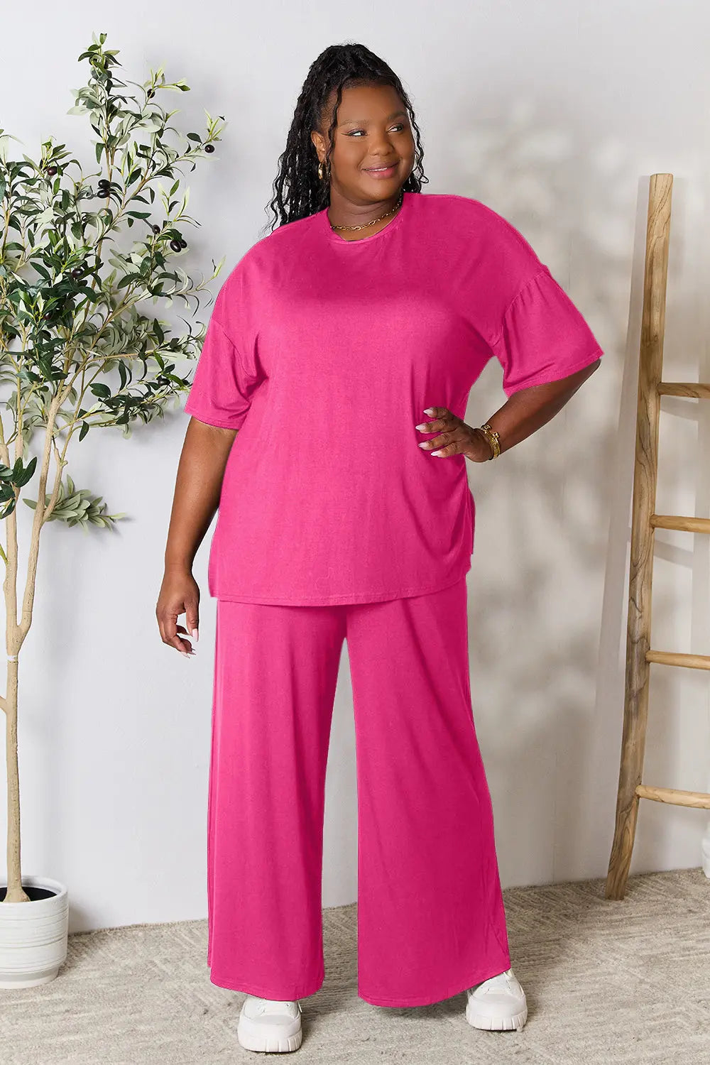 Chic Round Neck Slit Top & Pants Set – Stylish, Comfy & Versatile