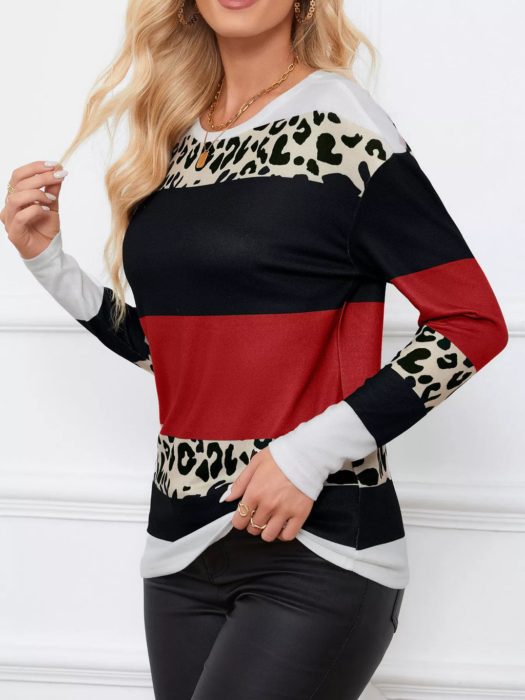 Leopard Color Block Striped Knit Top – Trendy Casual Style