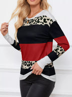 Leopard Color Block Striped Knit Top – Trendy Casual Style