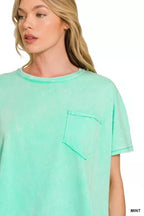 Mint acid-washed oversized pocket tee with crew neck and chest pocket detail