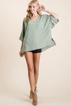 Sage Green Oversized V-Neck Blouse – High-Low Hem & Chest Pocket