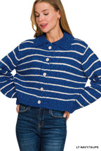 Cropped striped button-down cardigan with point collar, navy and taupe