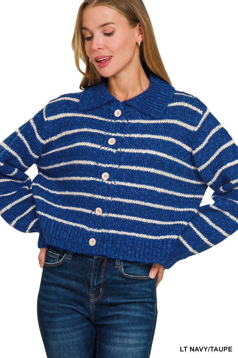 Cropped striped button-down cardigan with point collar, navy and taupe