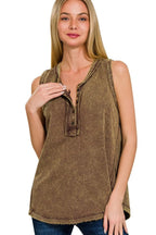 Washed Sleeveless Henley – Raw Edge Half-Button Tank Top