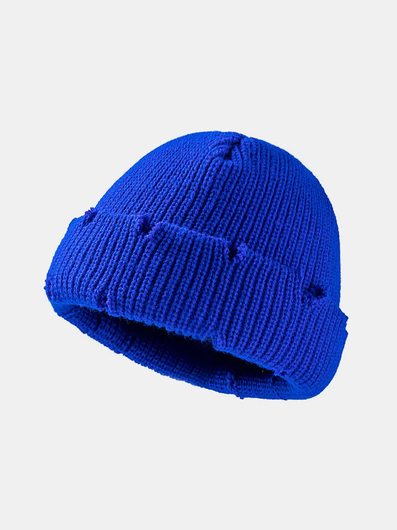 Distressed Cuffed Knit Hat – Edgy Cozy Winter Beanie