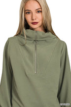 Olive Green Ribbed Knit Lounge Set – Half-Zip Hoodie & Palazzo Pants