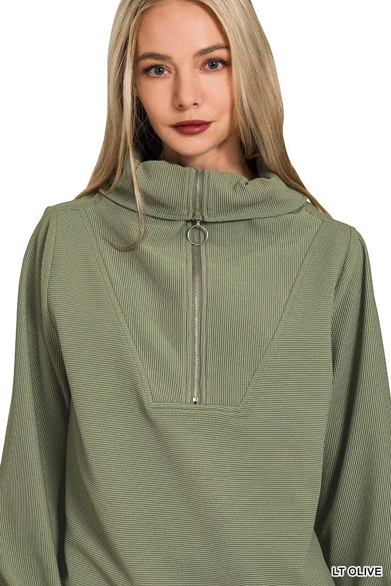 Olive Green Ribbed Knit Lounge Set – Half-Zip Hoodie & Palazzo Pants