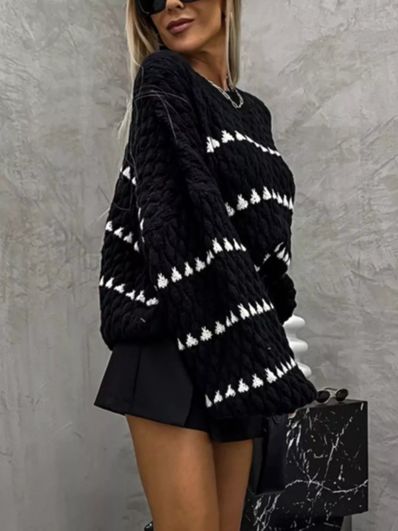 Chunky Knit Striped Sweater with Balloon Sleeves – Cozy Chic Style
