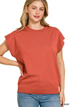 Ribbed cap sleeve crew neck pullover in rust with short dolman sleeves
