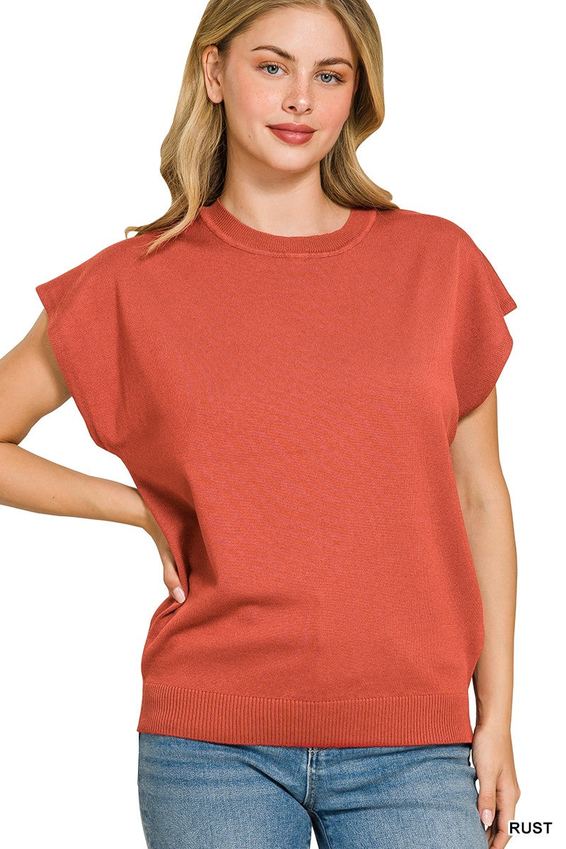 Ribbed cap sleeve crew neck pullover in rust with short dolman sleeves