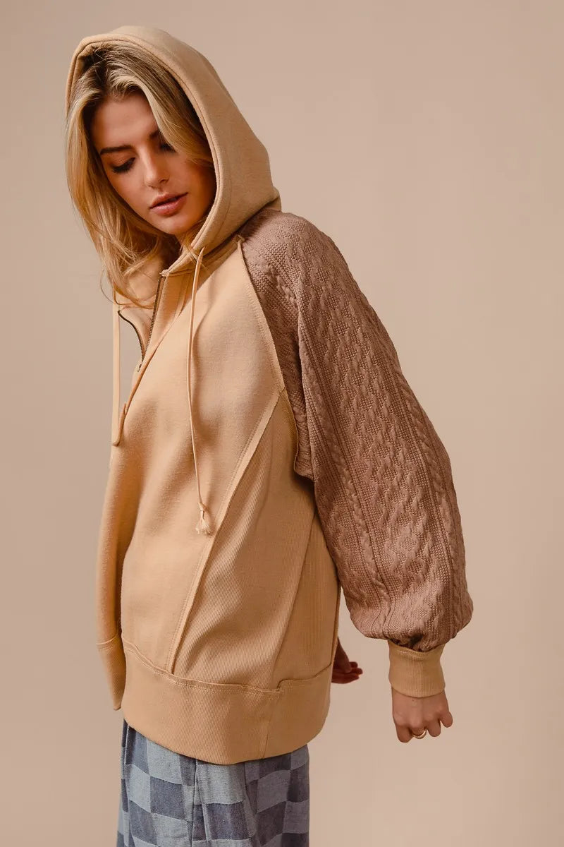 Half Zip French Terry Hoodie with Knit Sleeves